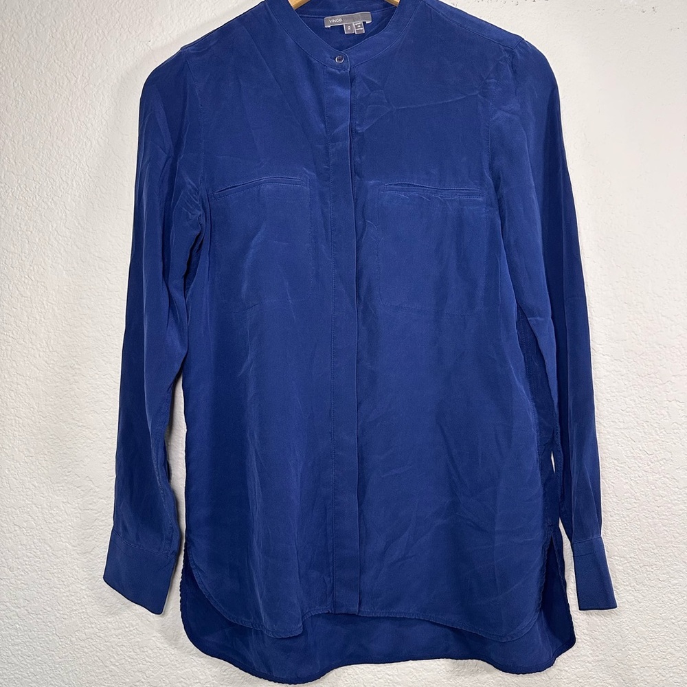 Vince Royal Blue 100% Silk Band Collar Hidden Button Blouse Size 2 Long Sleeve